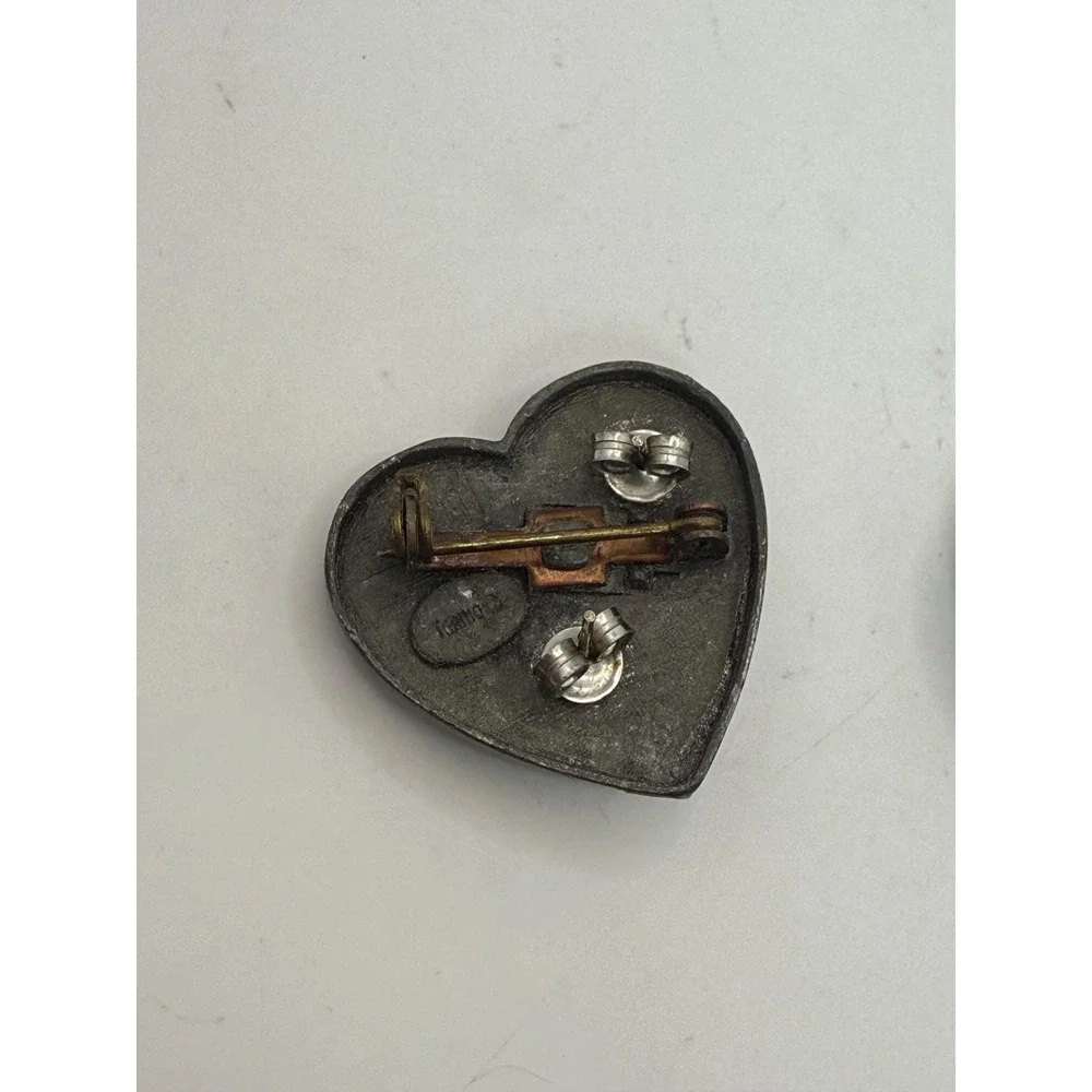 Vintage Torino Pewter Heart Trinket Box Floral Relief w/ Rose‎ Stud Earrings Set